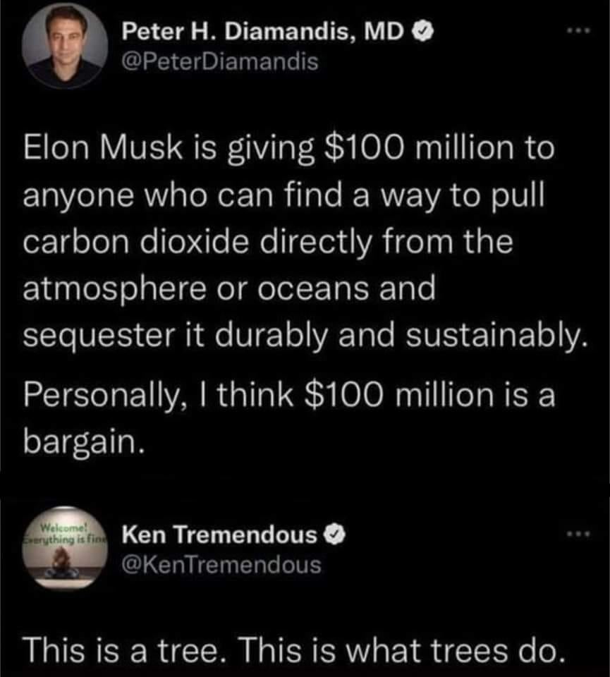 This meme is a screenshot of a Twitter conversation between two users, @PeterDiamandis and @KenTremendous. @PeterDiamandis is responding to a tweet from @KenTremendous, where he says "In 2-3 sentences, describe this meme for someone who cannot see it." The text in the image reads: "Elon Musk is giving $100 million to anyone who can find a way to capture carbon dioxide from the atmosphere. The money will be used to develop technologies that will remove carbon dioxide from the atmosphere."